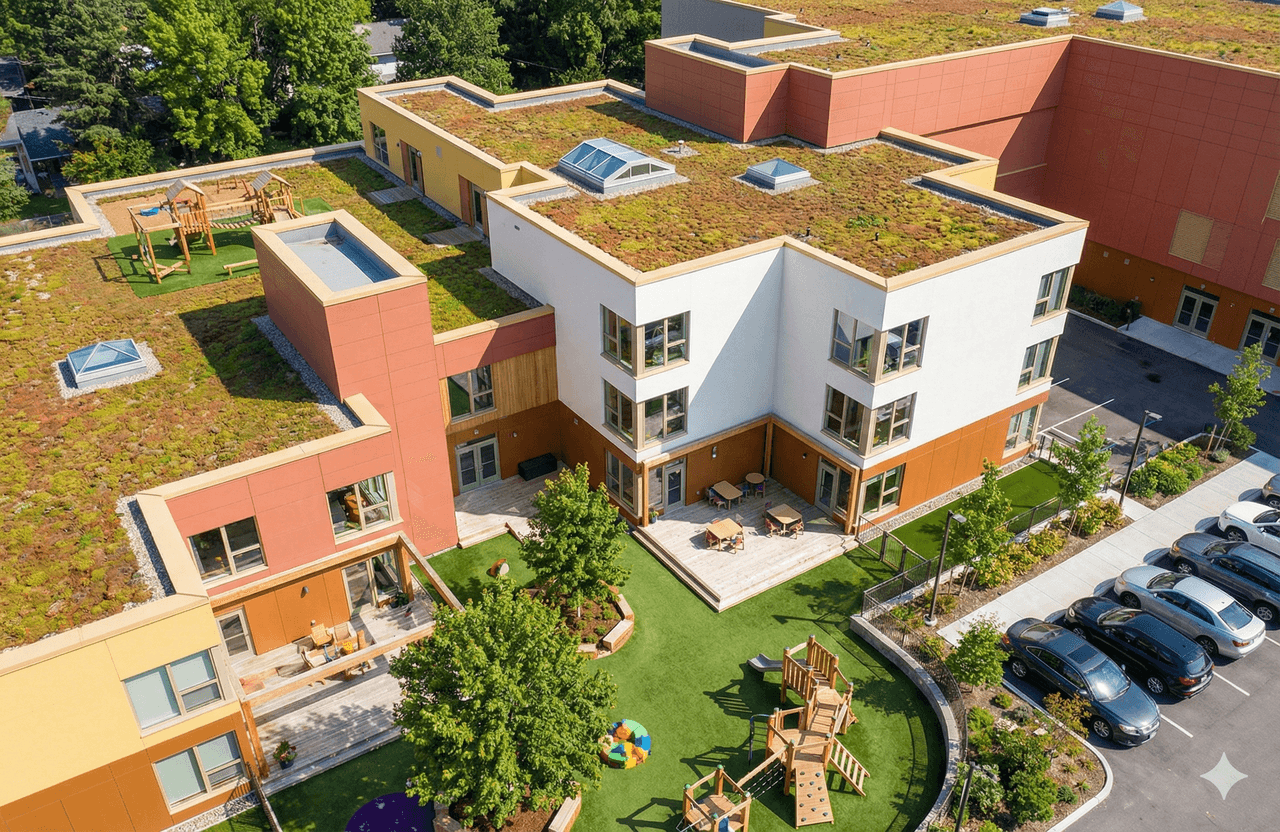 Educational complex architecture with active green roofs and child-centered spatial design in Kyiv