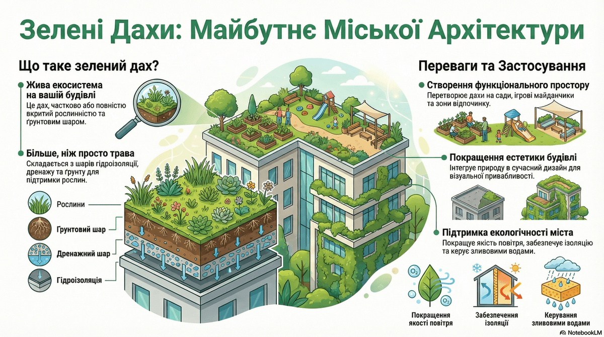 Sustainability strategy: green roofs, microclimate regulation, and human-centered environment.