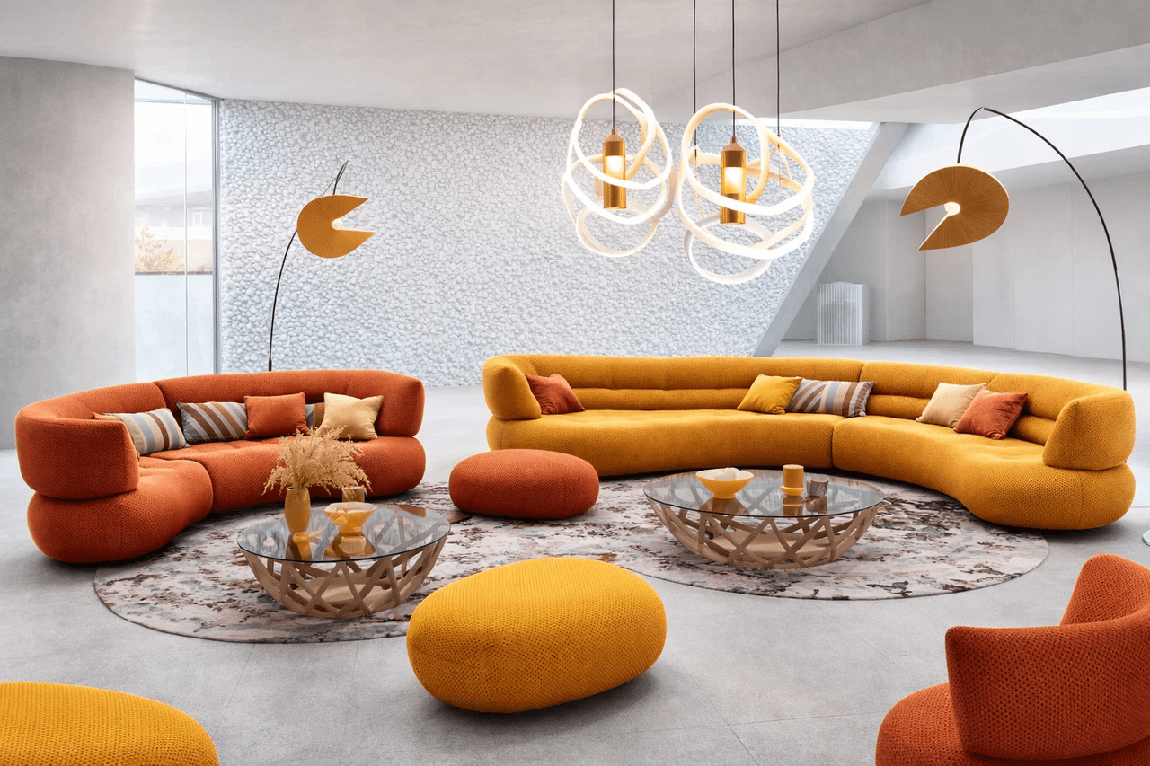 Living room featuring an iconic Roche Bobois Mah Jong sofa composition.